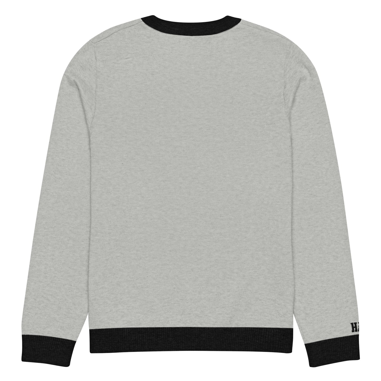 Back view of gray HAGS COMO knit crewneck sweater, showing plain gray knit and black trim.