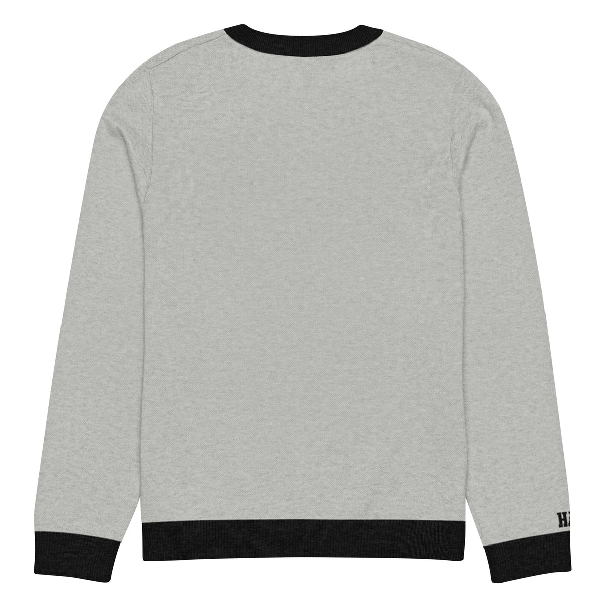 Back view of gray HAGS COMO knit crewneck sweater, showing plain gray knit and black trim.