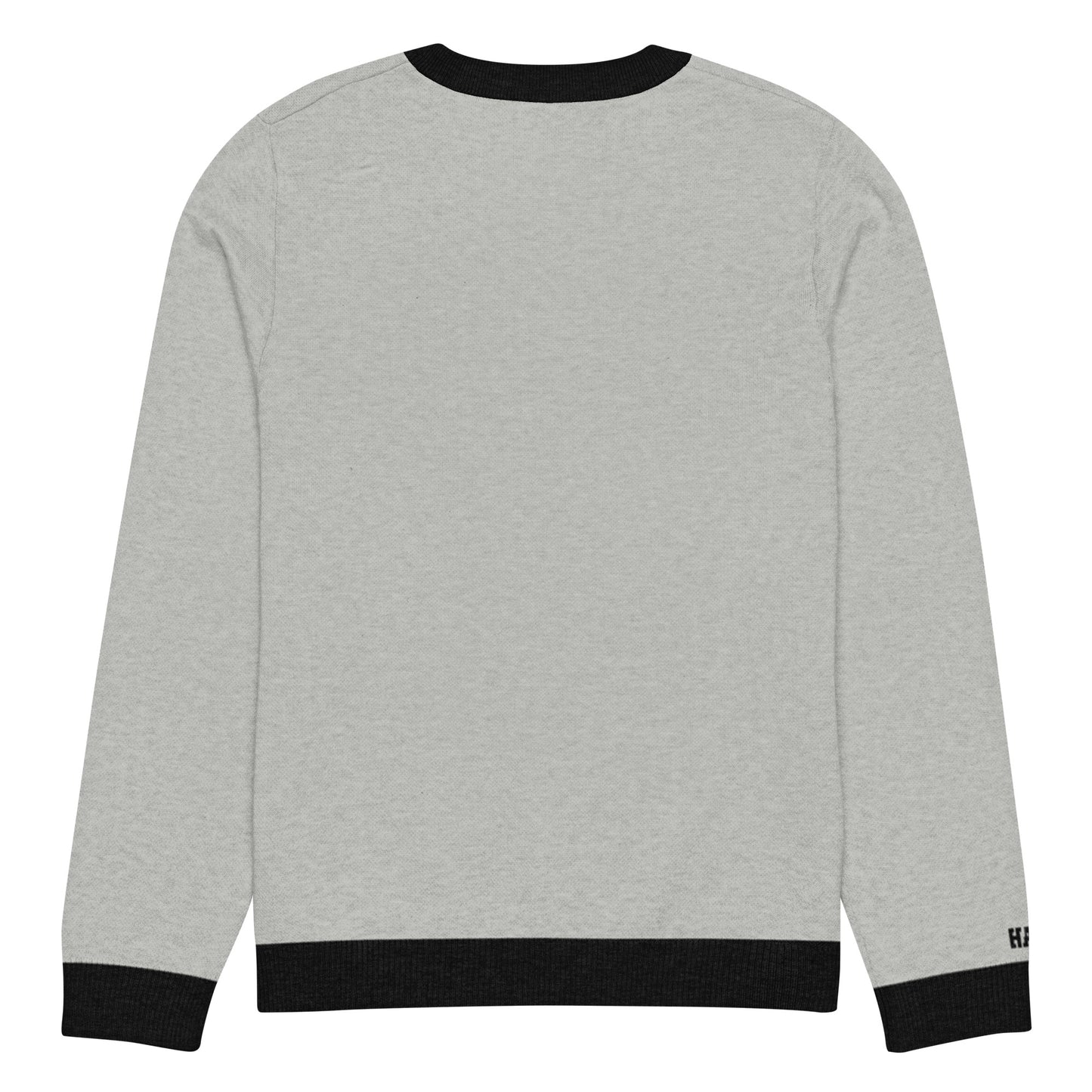 Back view of gray HAGS COMO knit crewneck sweater, showing plain gray knit and black trim.