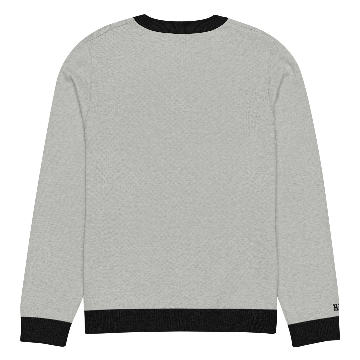 Back view of gray HAGS COMO knit crewneck sweater, showing plain gray knit and black trim.