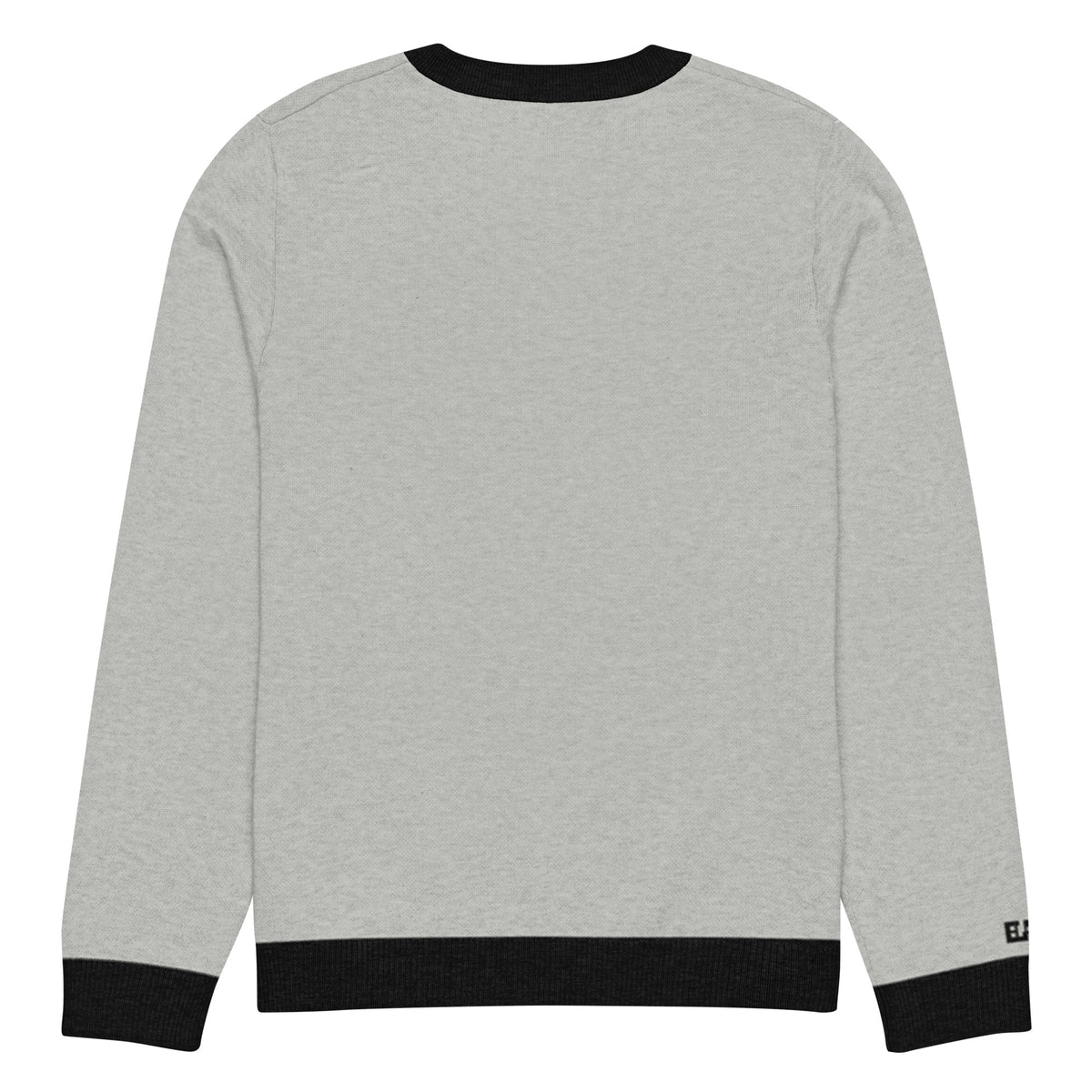 Back view of gray HAGS COMO knit crewneck sweater, showing plain gray knit and black trim.