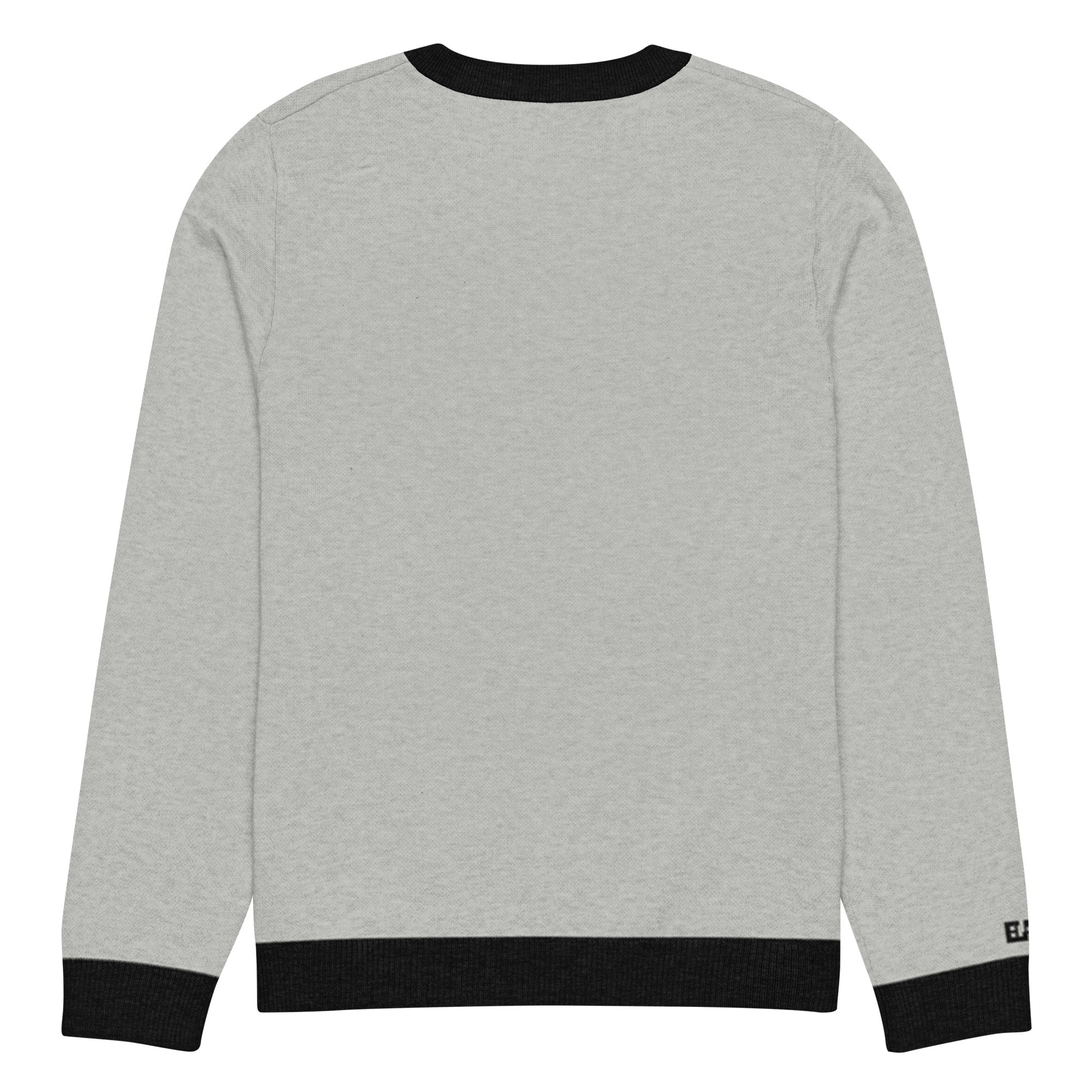 Back view of gray HAGS COMO knit crewneck sweater, showing plain gray knit and black trim.
