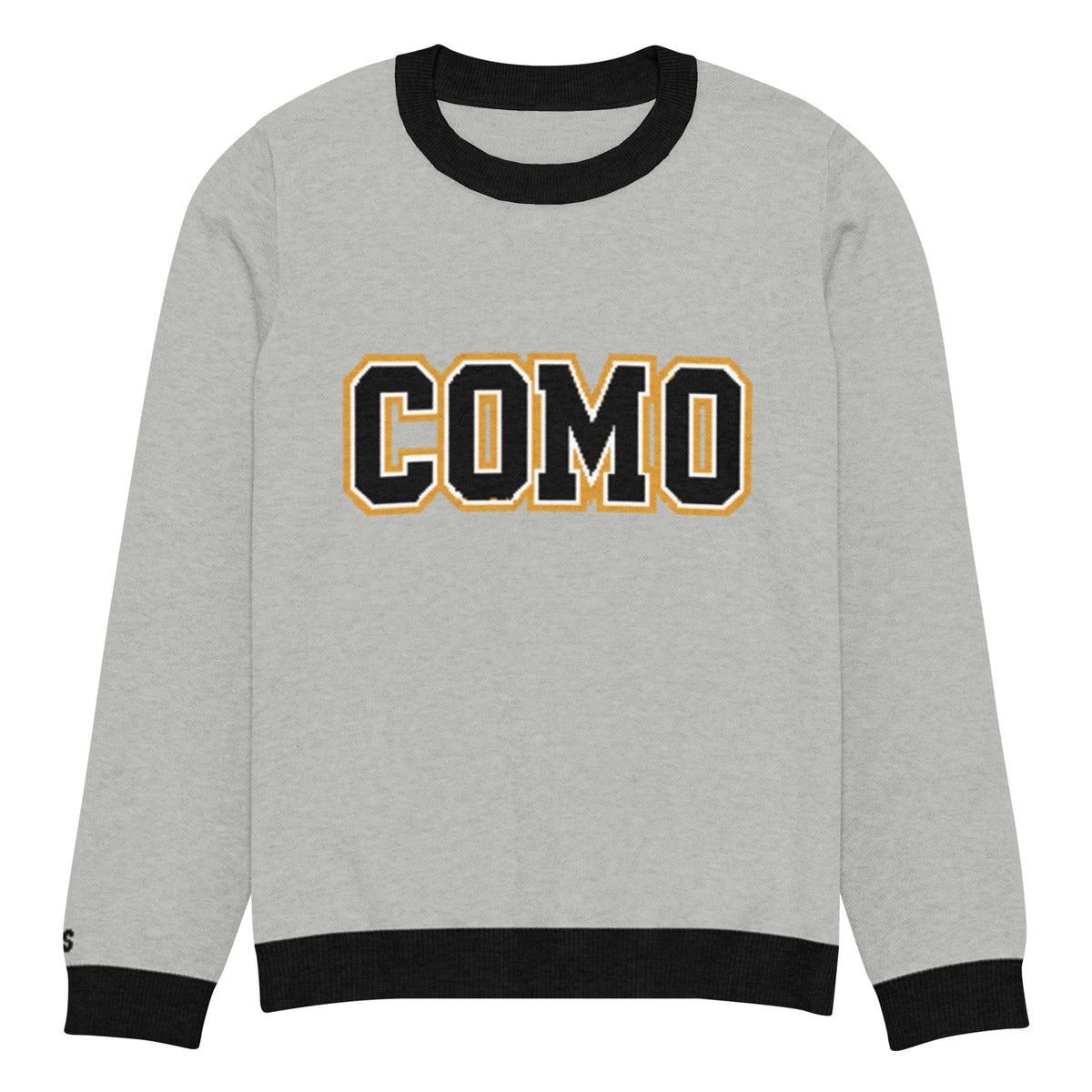 Front view of gray HAGS COMO knit crewneck sweater, showing black and gold COMO lettering and black trim.