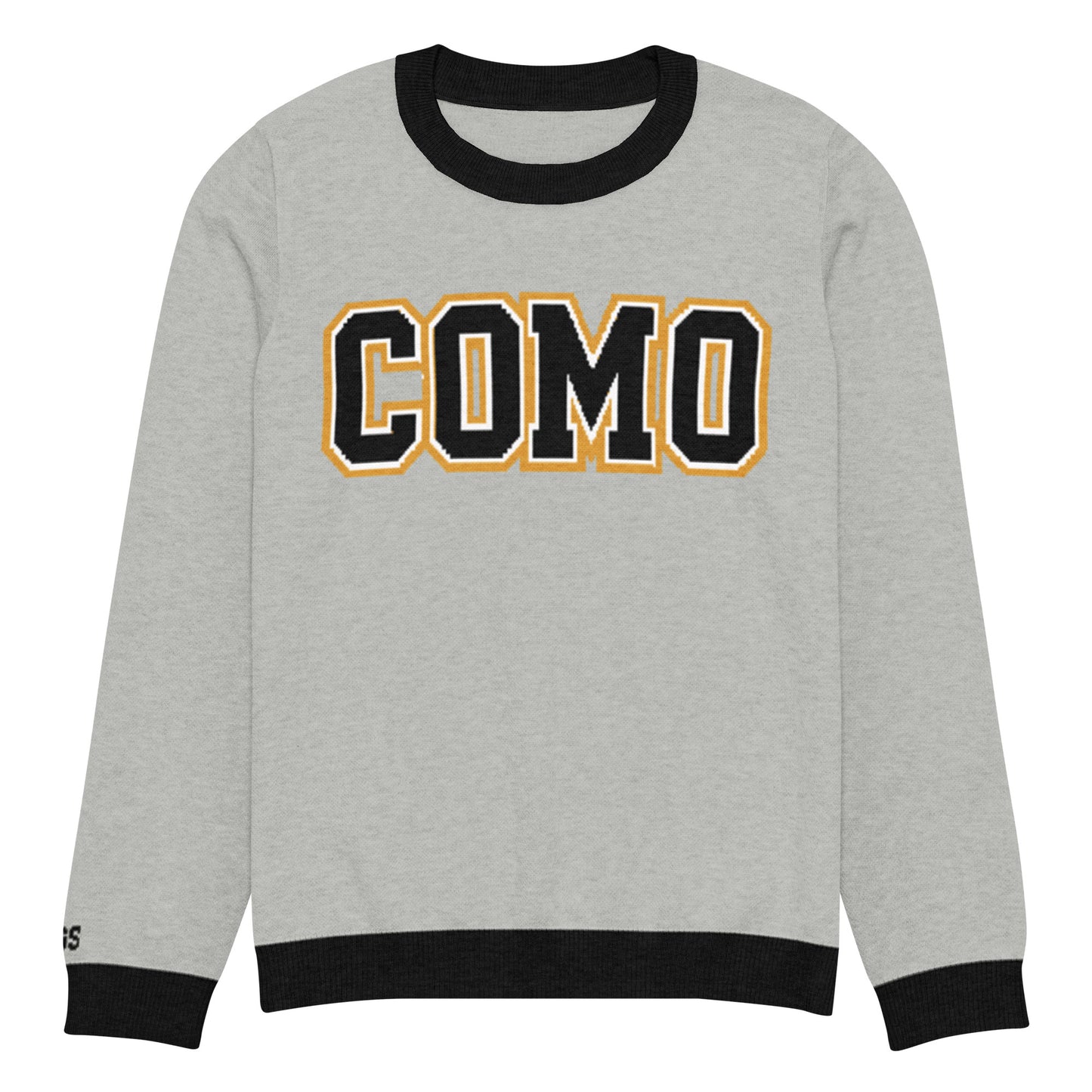 Front view of gray HAGS COMO knit crewneck sweater, showing black and gold COMO lettering and black trim.