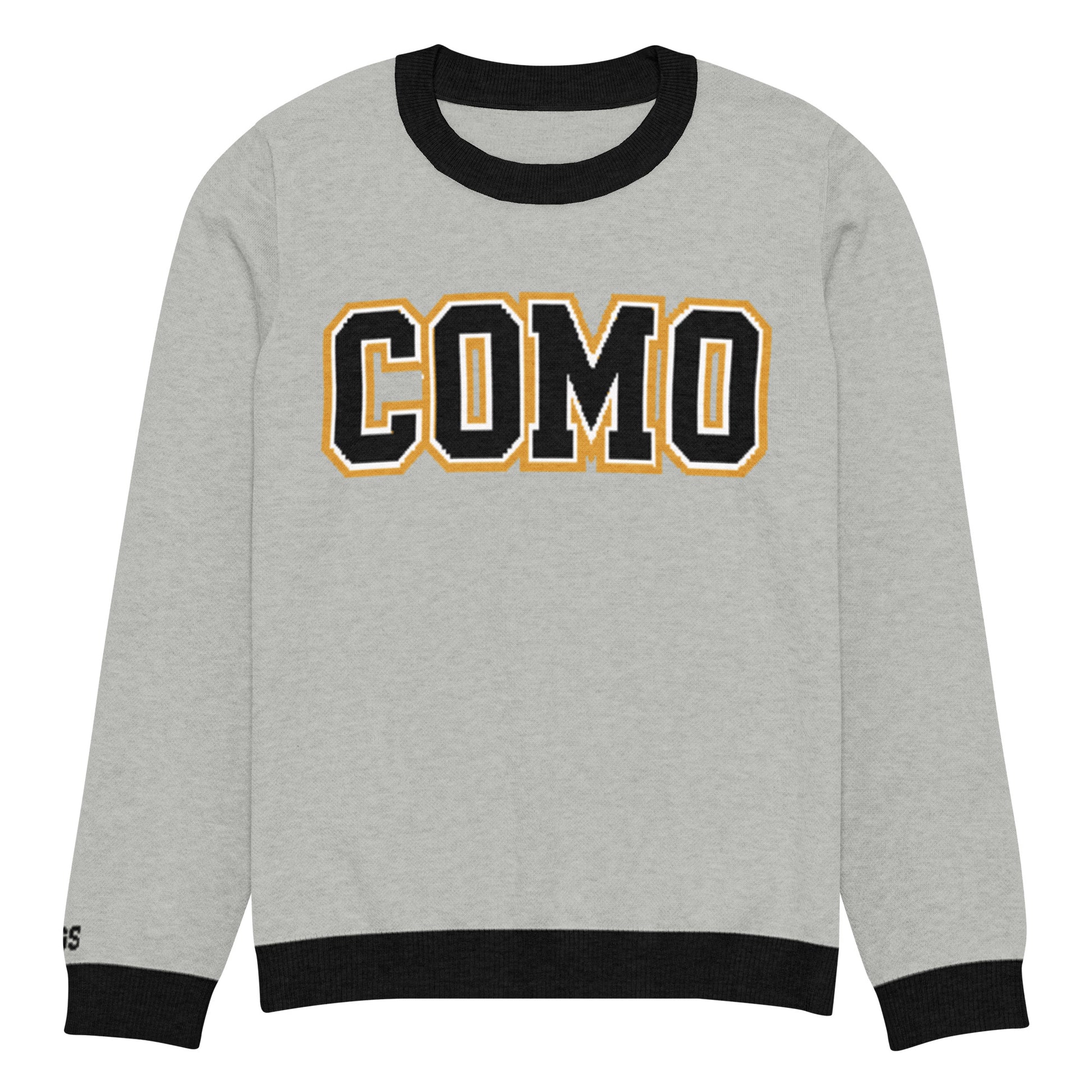 Front view of gray HAGS COMO knit crewneck sweater, showing black and gold COMO lettering and black trim.