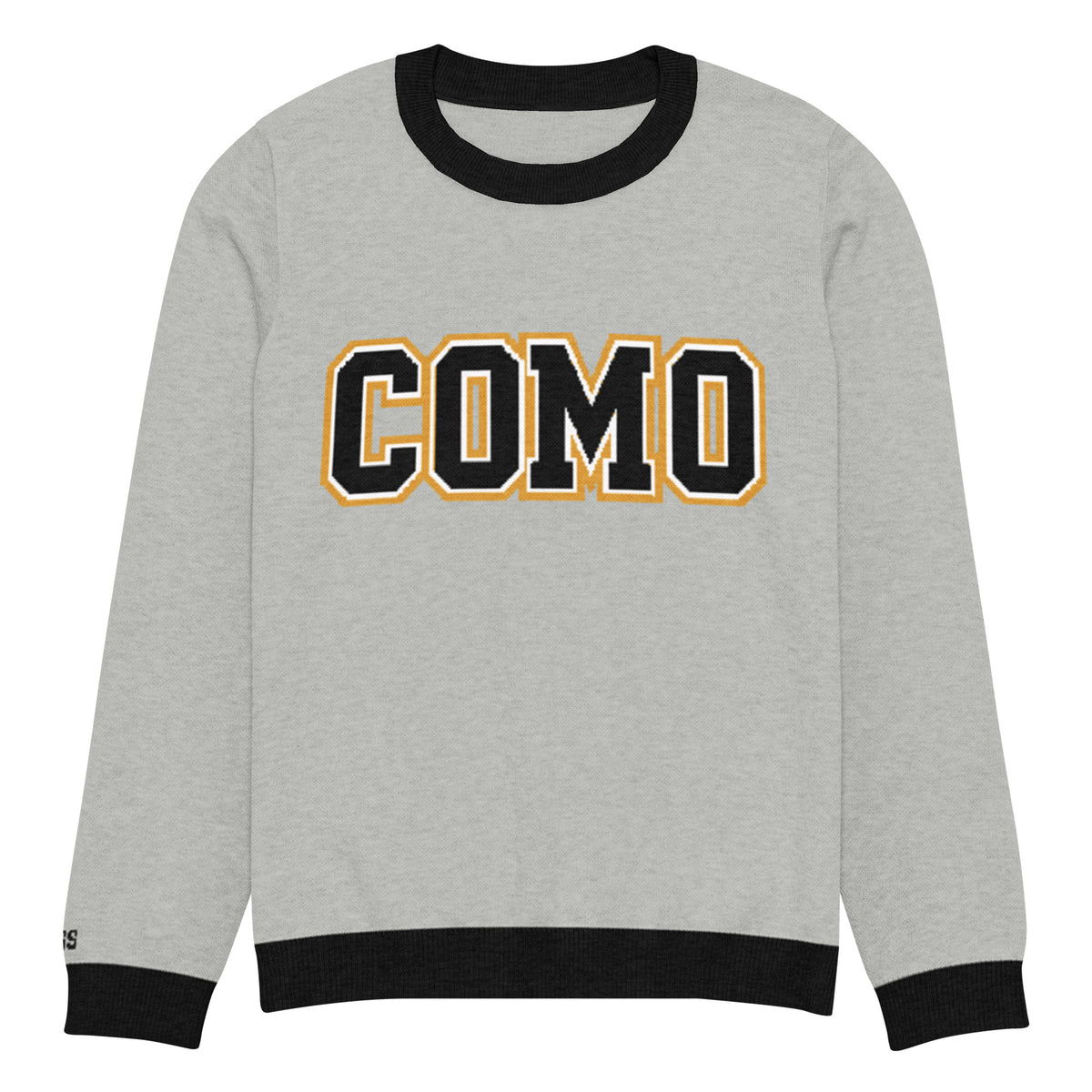 Front view of gray HAGS COMO knit crewneck sweater, showing black and gold COMO lettering and black trim.