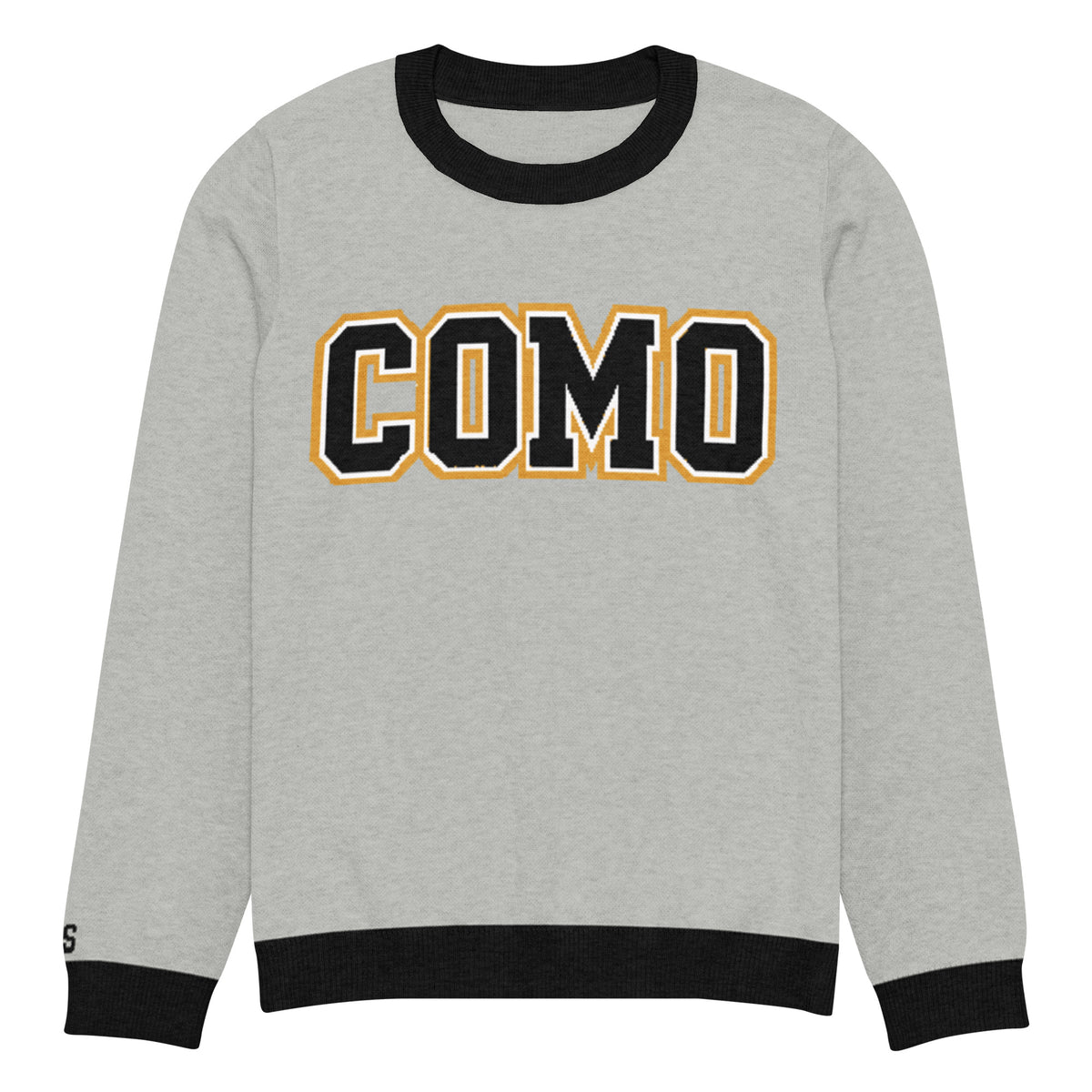 Front view of gray HAGS COMO knit crewneck sweater, showing black and gold COMO lettering and black trim.