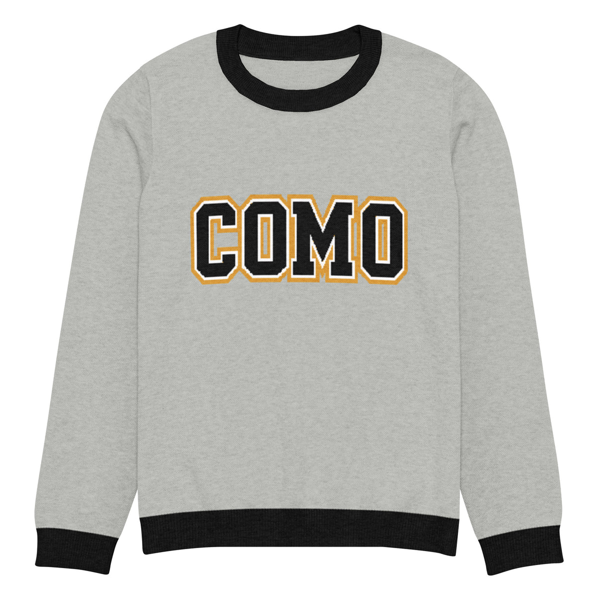 Front view of gray HAGS COMO knit crewneck sweater, showing black and gold COMO lettering and black trim.