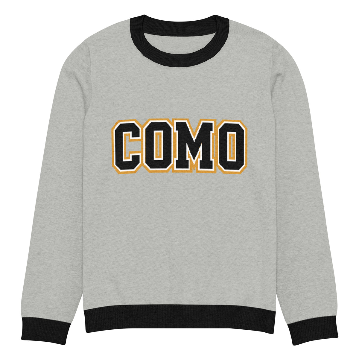 Front view of gray HAGS COMO knit crewneck sweater, showing black and gold COMO lettering and black trim.