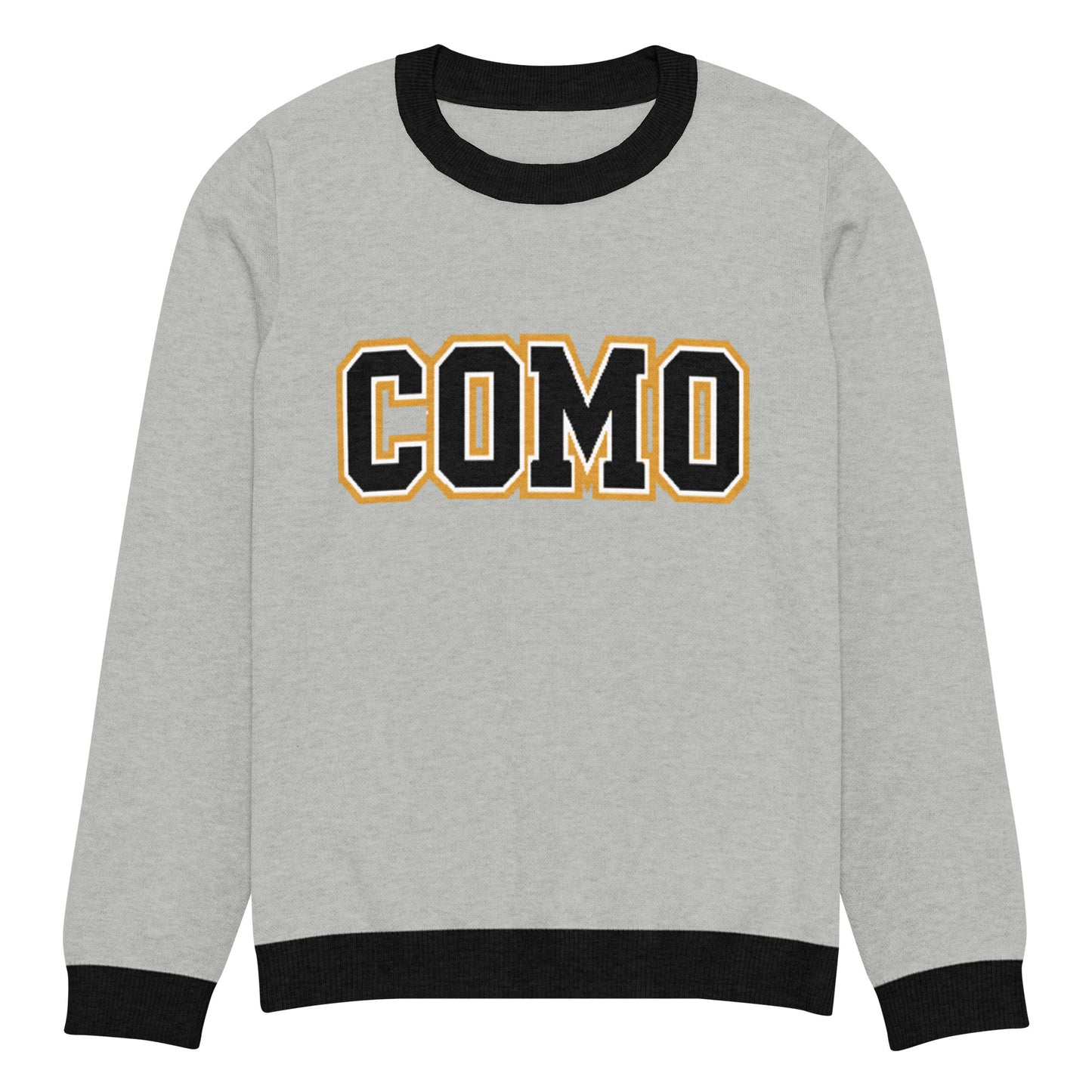 Front view of gray HAGS COMO knit crewneck sweater, showing black and gold COMO lettering and black trim.