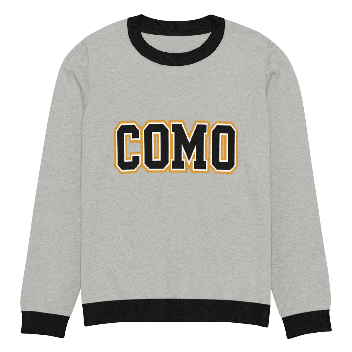 Front view of gray HAGS COMO knit crewneck sweater, showing black and gold COMO lettering and black trim.
