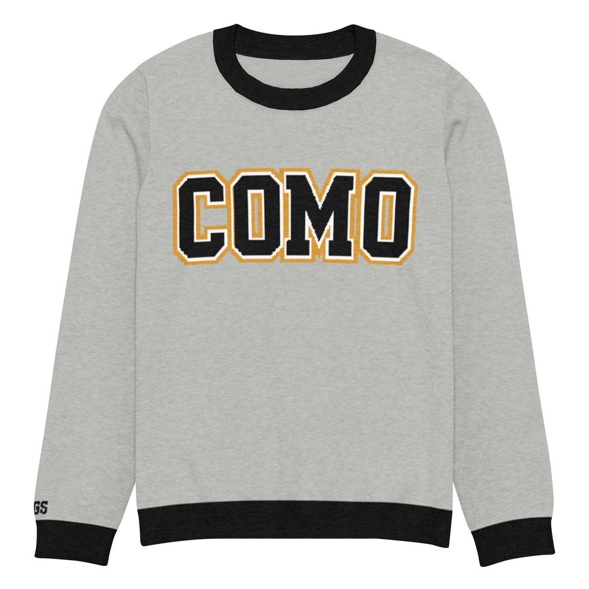 Front view of gray HAGS COMO knit crewneck sweater, showing black and gold COMO lettering and black trim.