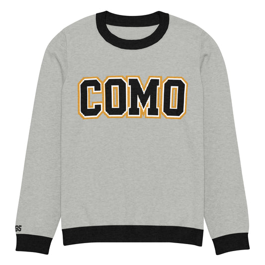 Front view of gray HAGS COMO knit crewneck sweater, showing black and gold COMO lettering and black trim.