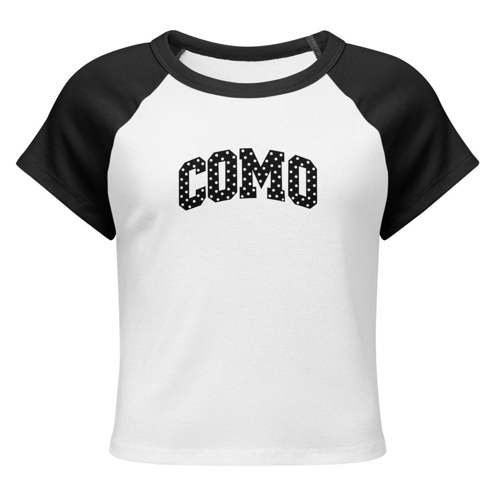 Front view of white and black HAGS COMO Missouri polka dot baby tee, showing black polka-dot COMO lettering.