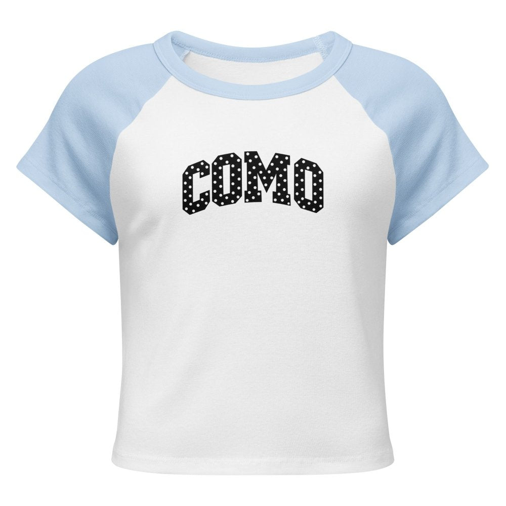 Front view of white and light blue HAGS COMO Missouri polka dot baby tee, showing black polka-dot COMO lettering.