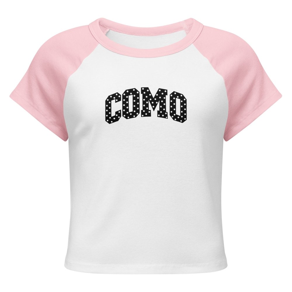 Front view of white and pink HAGS COMO Missouri polka dot baby tee, showing black polka-dot COMO lettering.