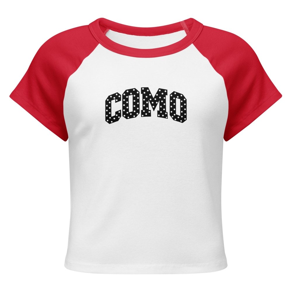 Front view of white and red HAGS COMO Missouri polka dot baby tee, showing black polka-dot COMO lettering.