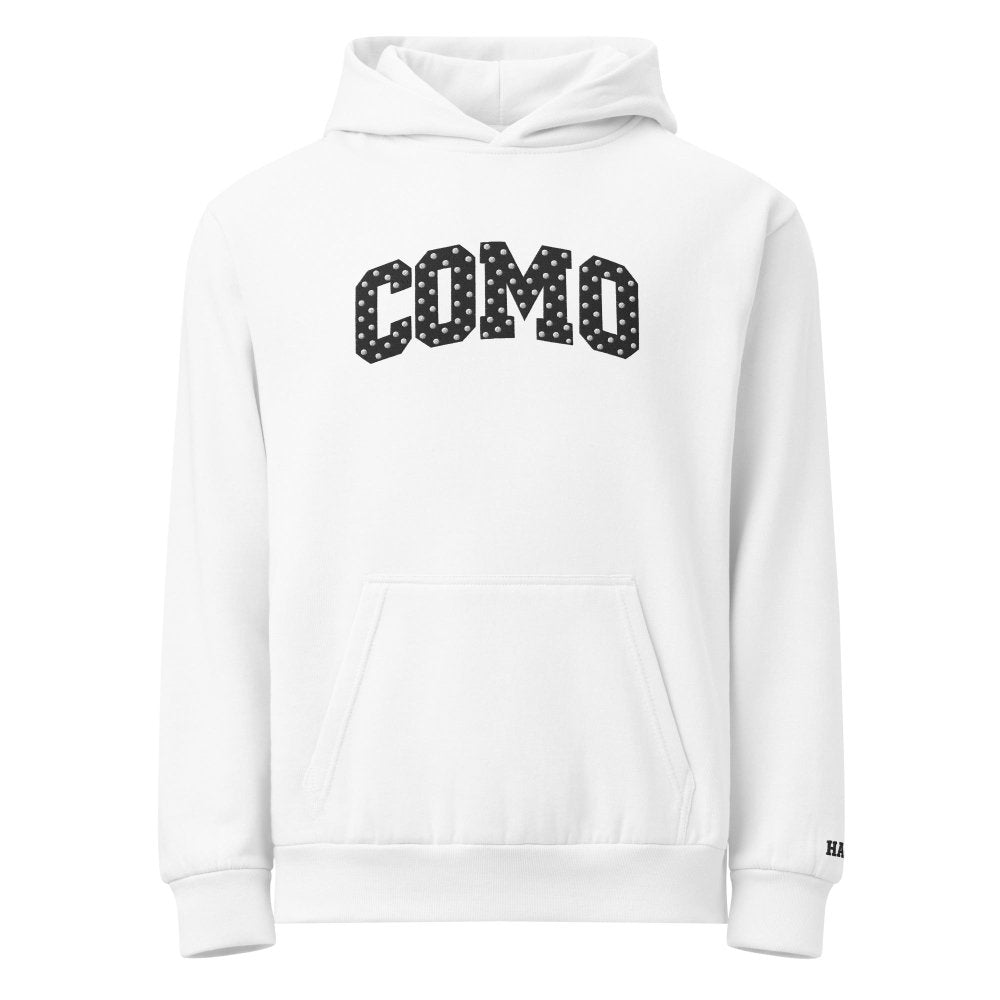 Front view of white HAGS COMO Missouri polka dot hoodie, showing black polka-dot COMO chest lettering.