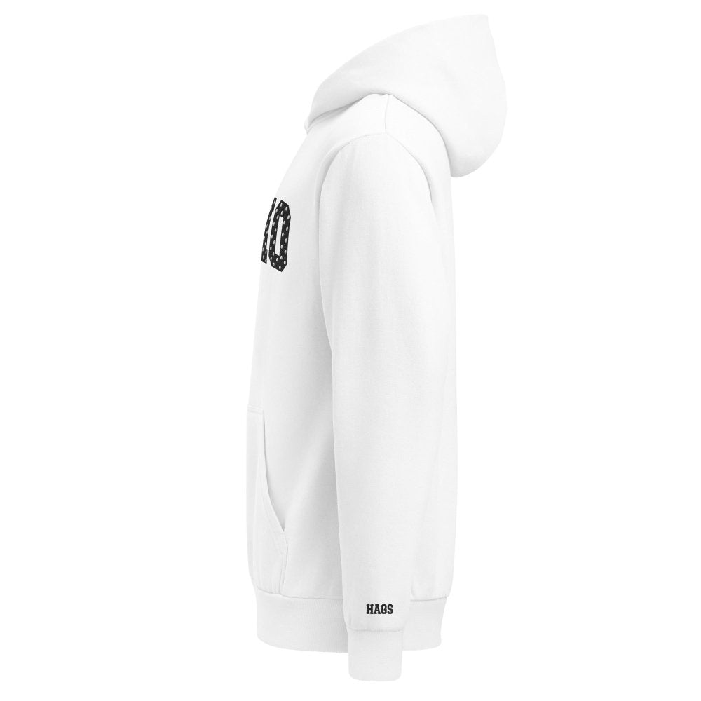 Left-side view of white HAGS COMO Missouri polka dot hoodie.