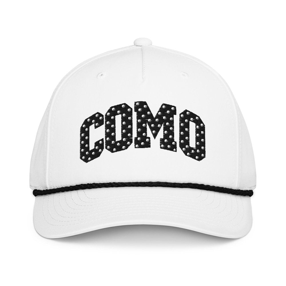 Front view of white HAGS COMO polka dot rope hat, showing black polka-dot COMO lettering and contrasting rope.