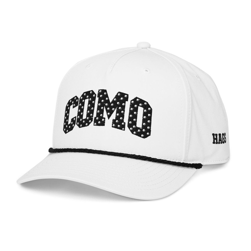 Angled front view of white HAGS COMO polka dot rope hat, showing black polka-dot COMO lettering and contrasting rope.