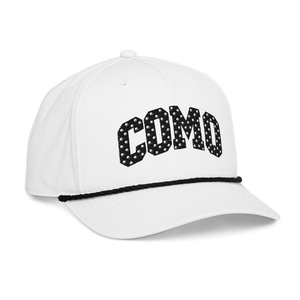 Opposite angled front view of white HAGS COMO polka dot rope hat, showing black polka-dot COMO lettering and contrasting rope.