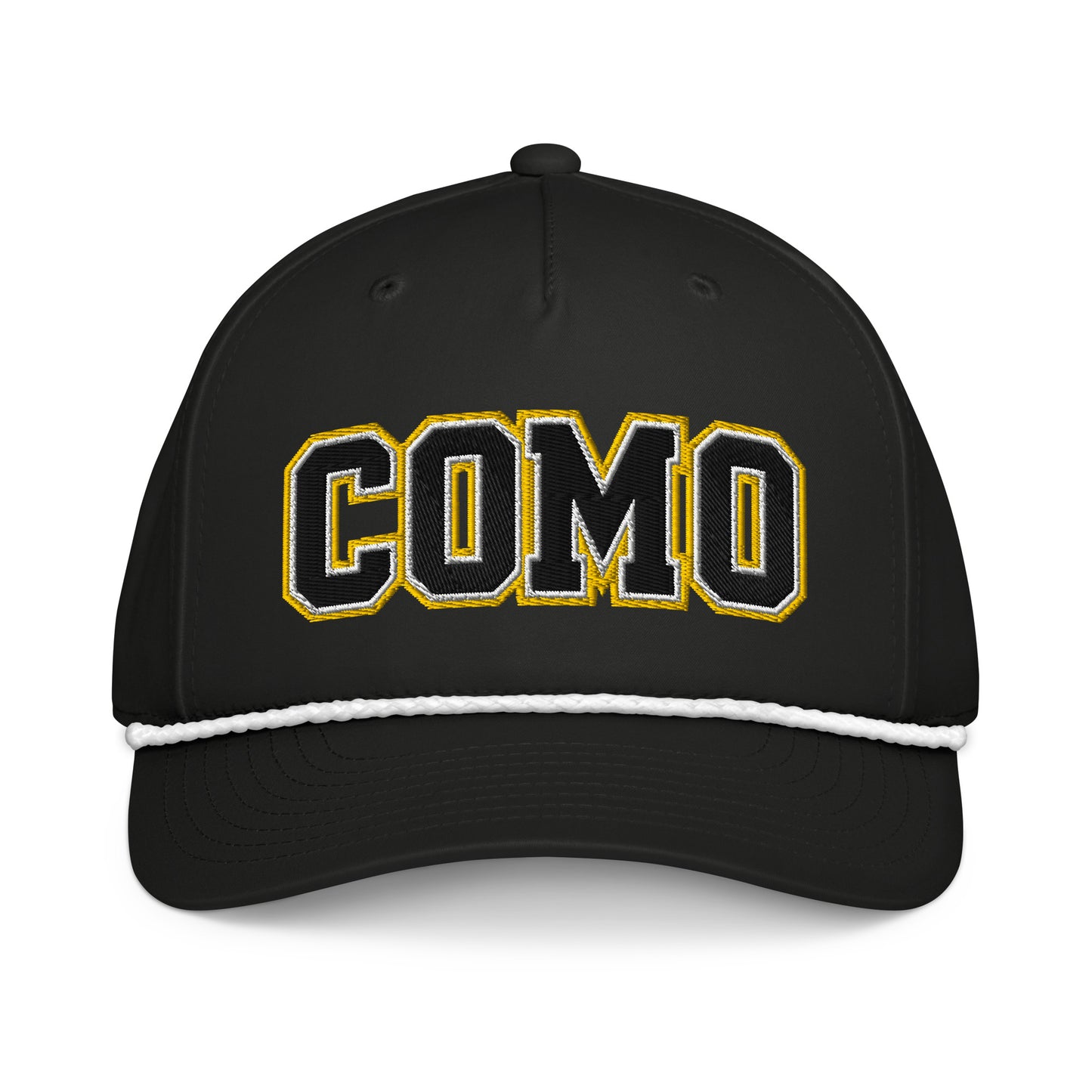 Front view of black white HAGS COMO puff embroidered rope hat, showing black and gold COMO lettering and contrasting rope.