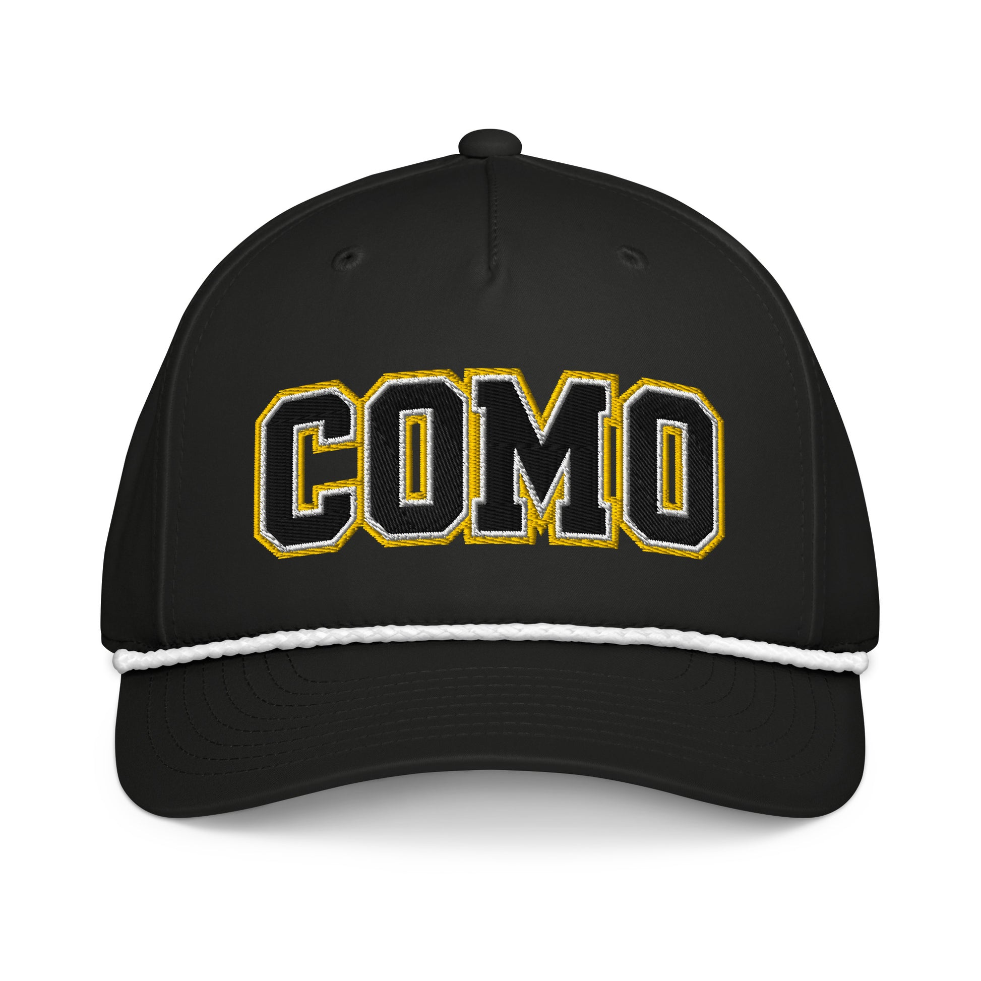 Front view of black white HAGS COMO puff embroidered rope hat, showing black and gold COMO lettering and contrasting rope.