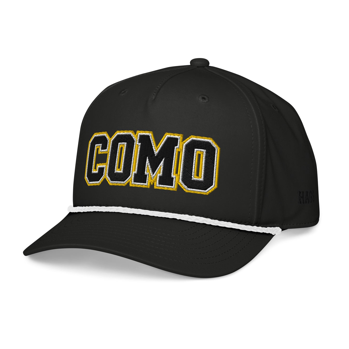 Angled front view of black white HAGS COMO puff embroidered rope hat, showing black and gold COMO lettering and contrasting rope.