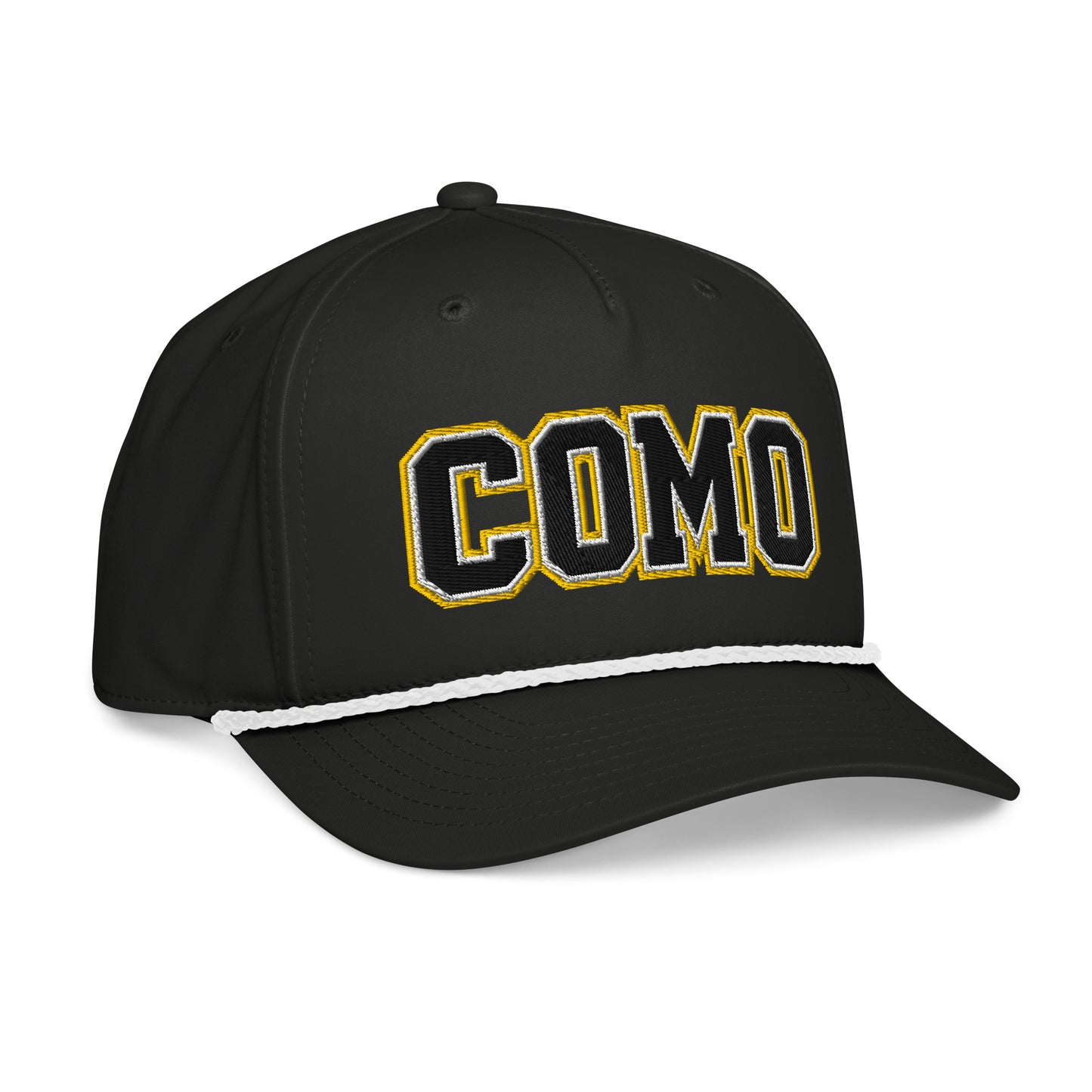 Opposite angled front view of black white HAGS COMO puff embroidered rope hat, showing black and gold COMO lettering and contrasting rope.