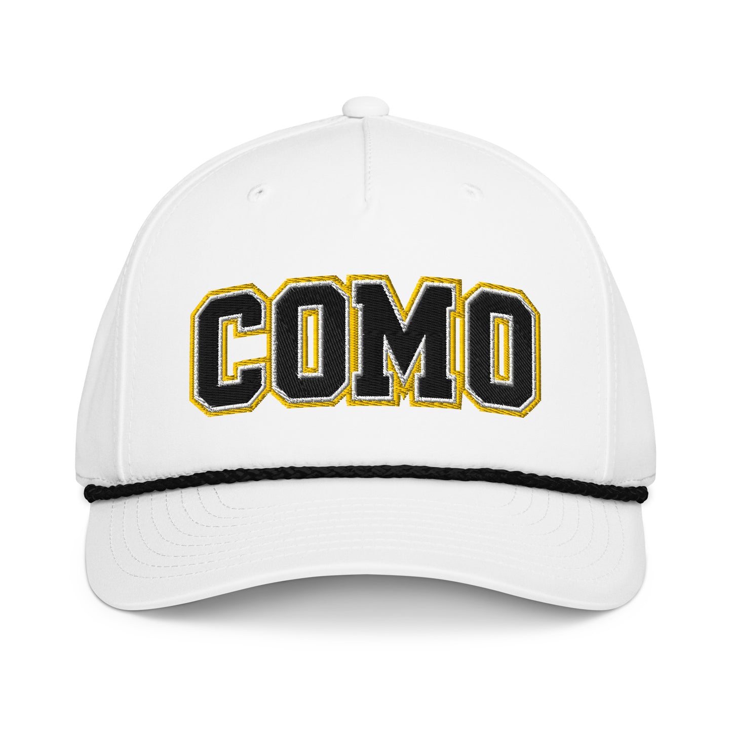 Front view of white black HAGS COMO puff embroidered rope hat, showing black and gold COMO lettering and contrasting rope.