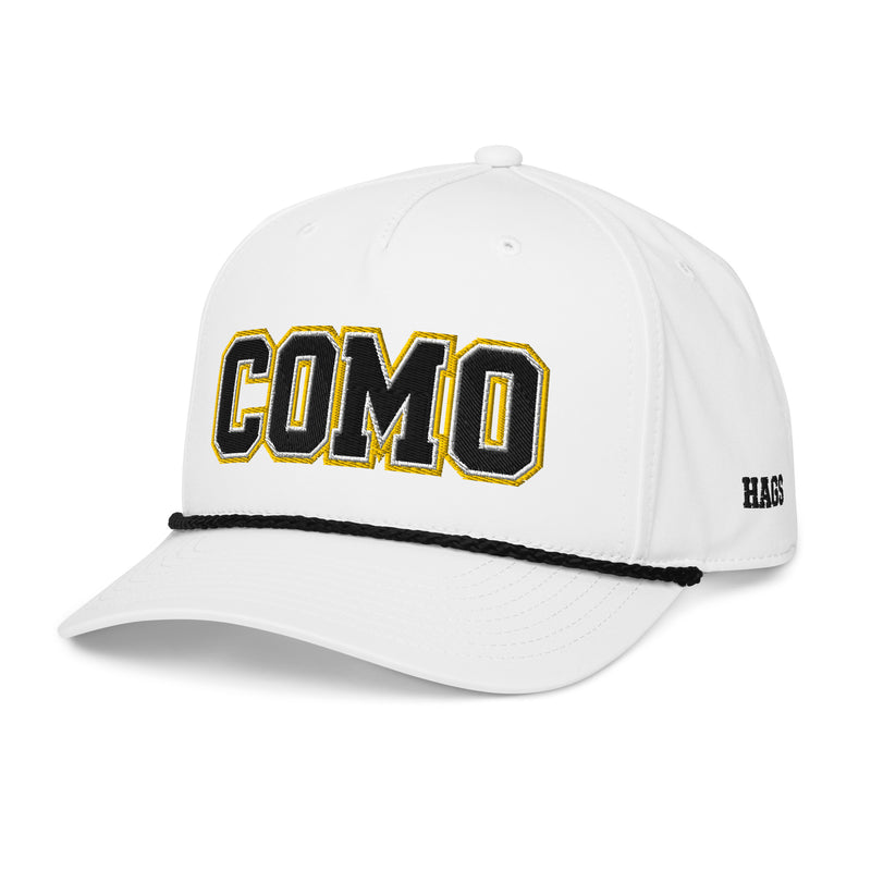 Angled front view of white black HAGS COMO puff embroidered rope hat, showing black and gold COMO lettering and contrasting rope.