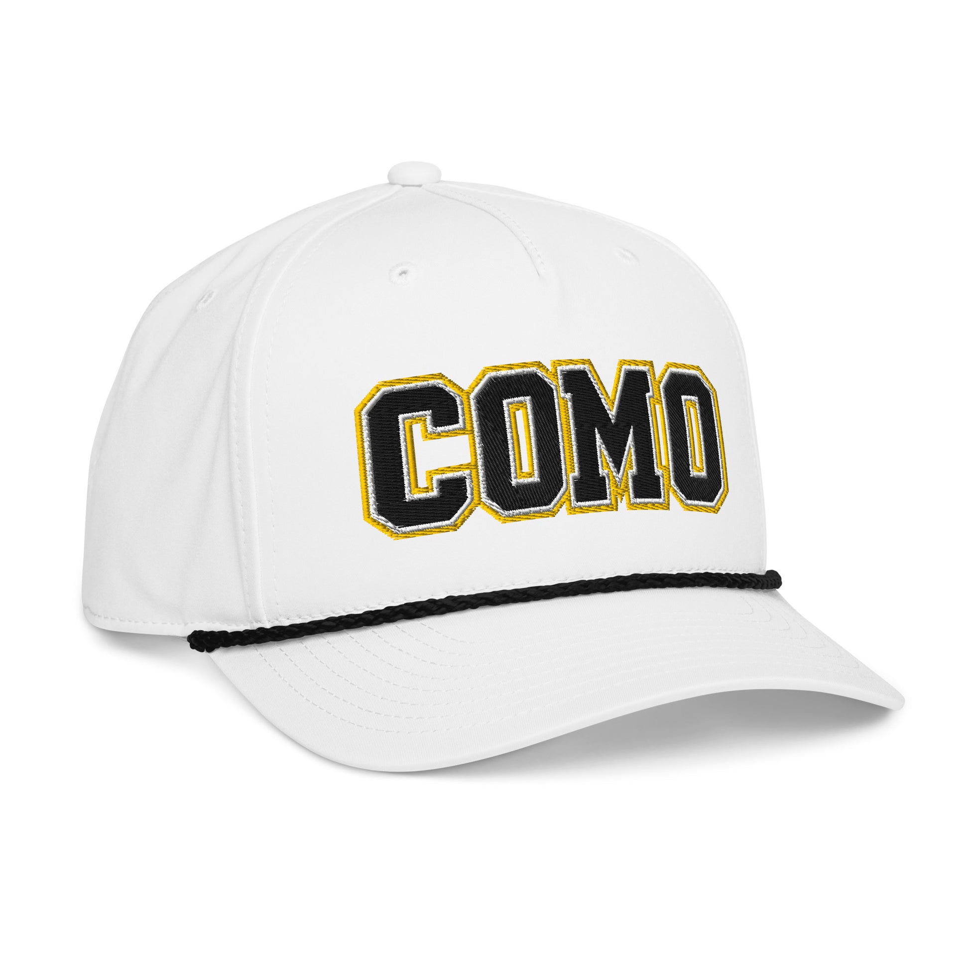 Opposite angled front view of white black HAGS COMO puff embroidered rope hat, showing black and gold COMO lettering and contrasting rope.