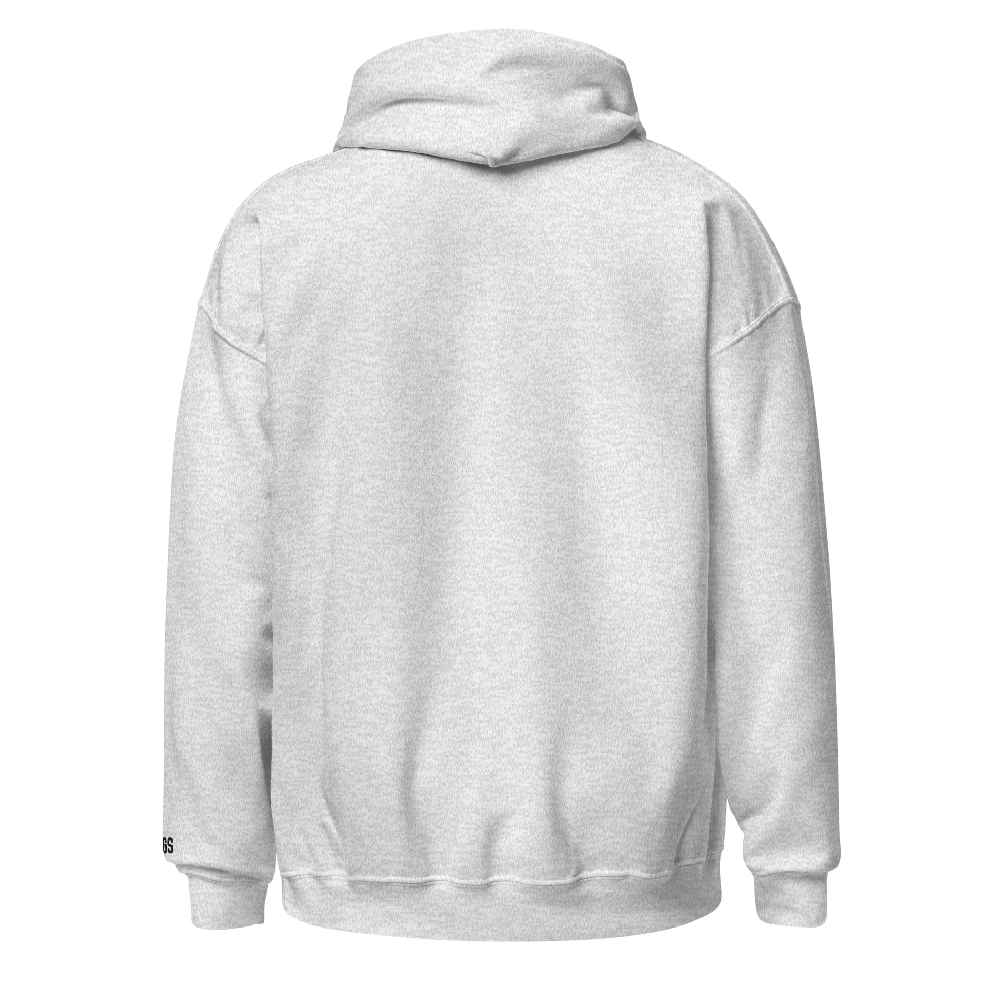 Back view of ash HAGS COMO small logo hoodie, showing plain back and hood.