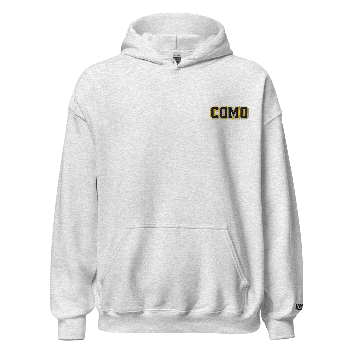 Front view of ash HAGS COMO small logo hoodie, showing small black and gold COMO chest embroidery.