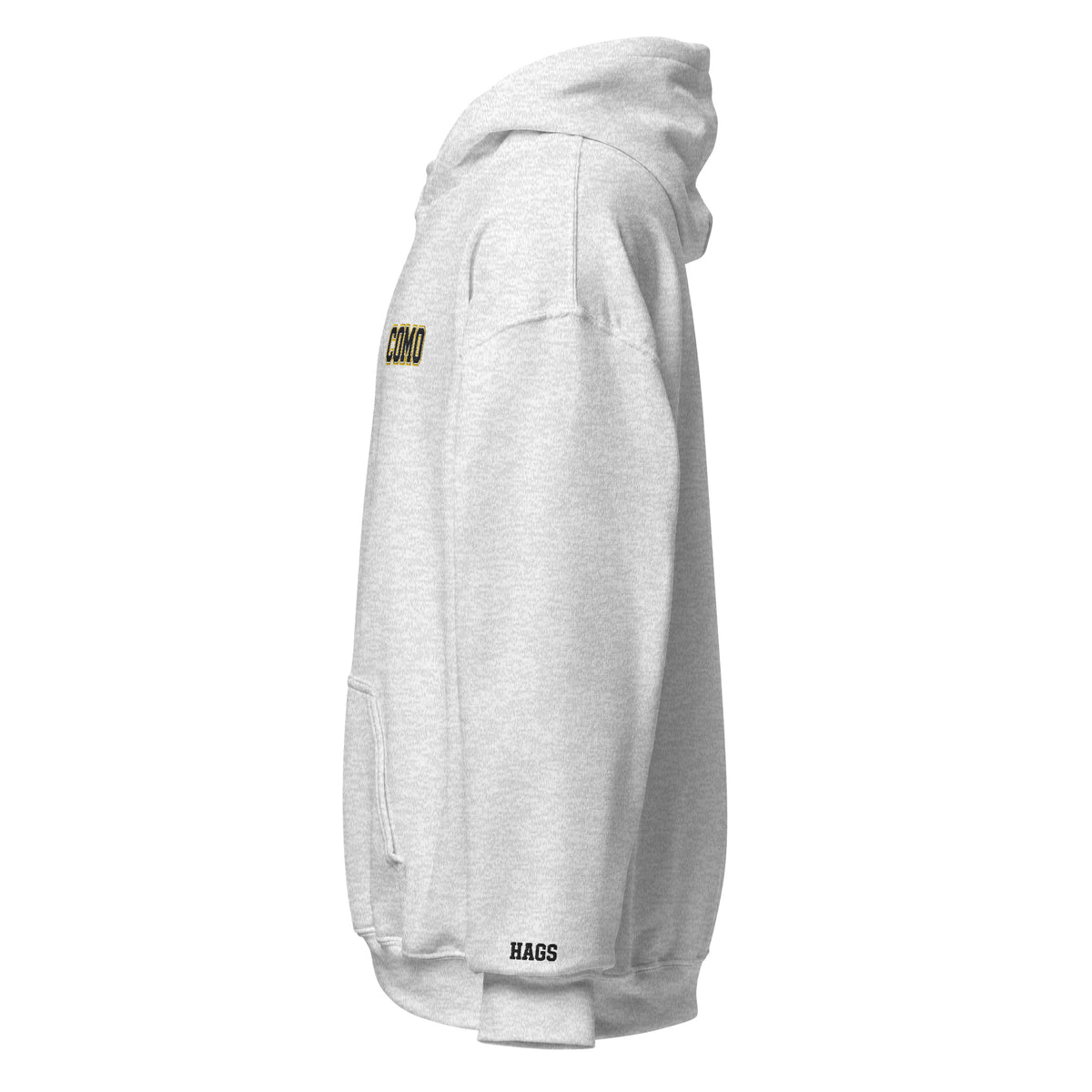Left-side view of ash HAGS COMO small logo hoodie.