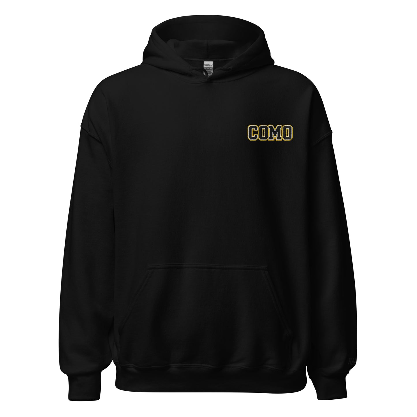Front view of black HAGS COMO small logo hoodie, showing small black and gold COMO chest embroidery.