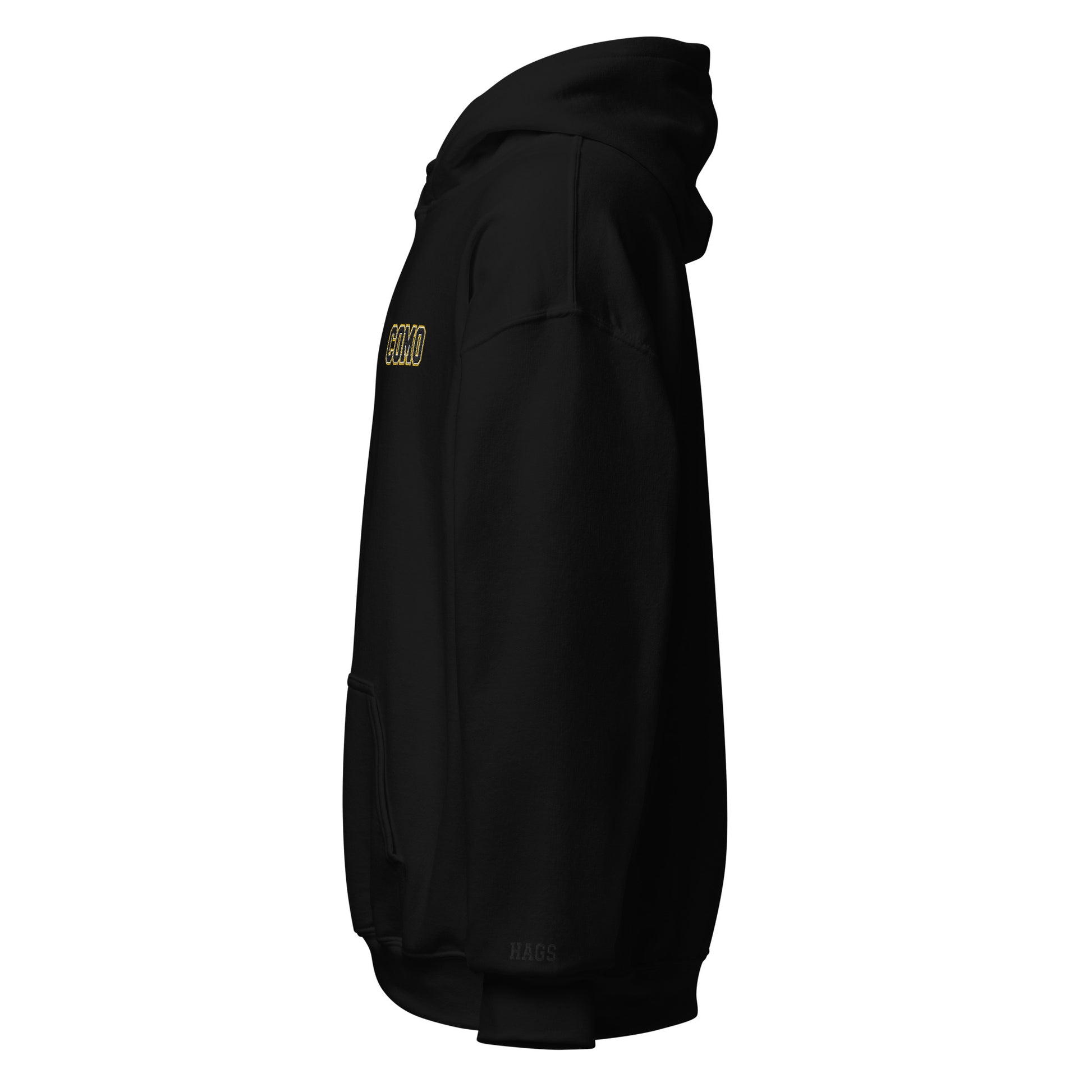 Left-side view of black HAGS COMO small logo hoodie.