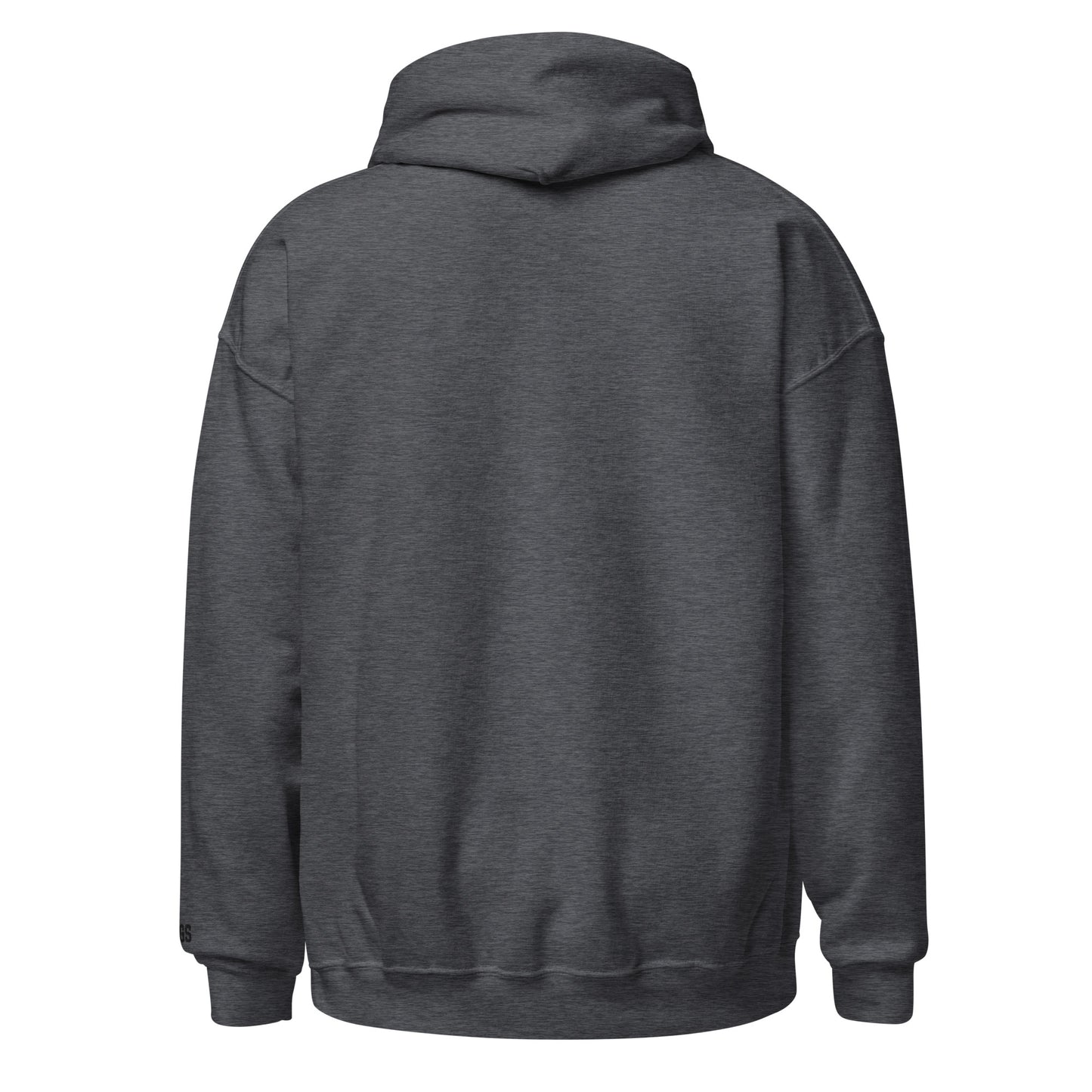 Back view of dark heather HAGS COMO small logo hoodie, showing plain back and hood.