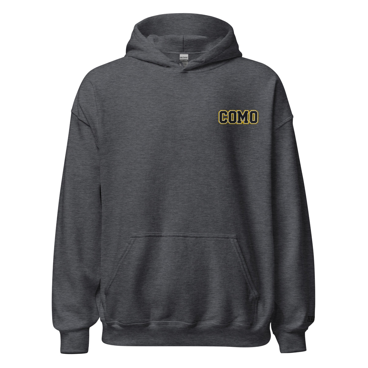Front view of dark heather HAGS COMO small logo hoodie, showing small black and gold COMO chest embroidery.
