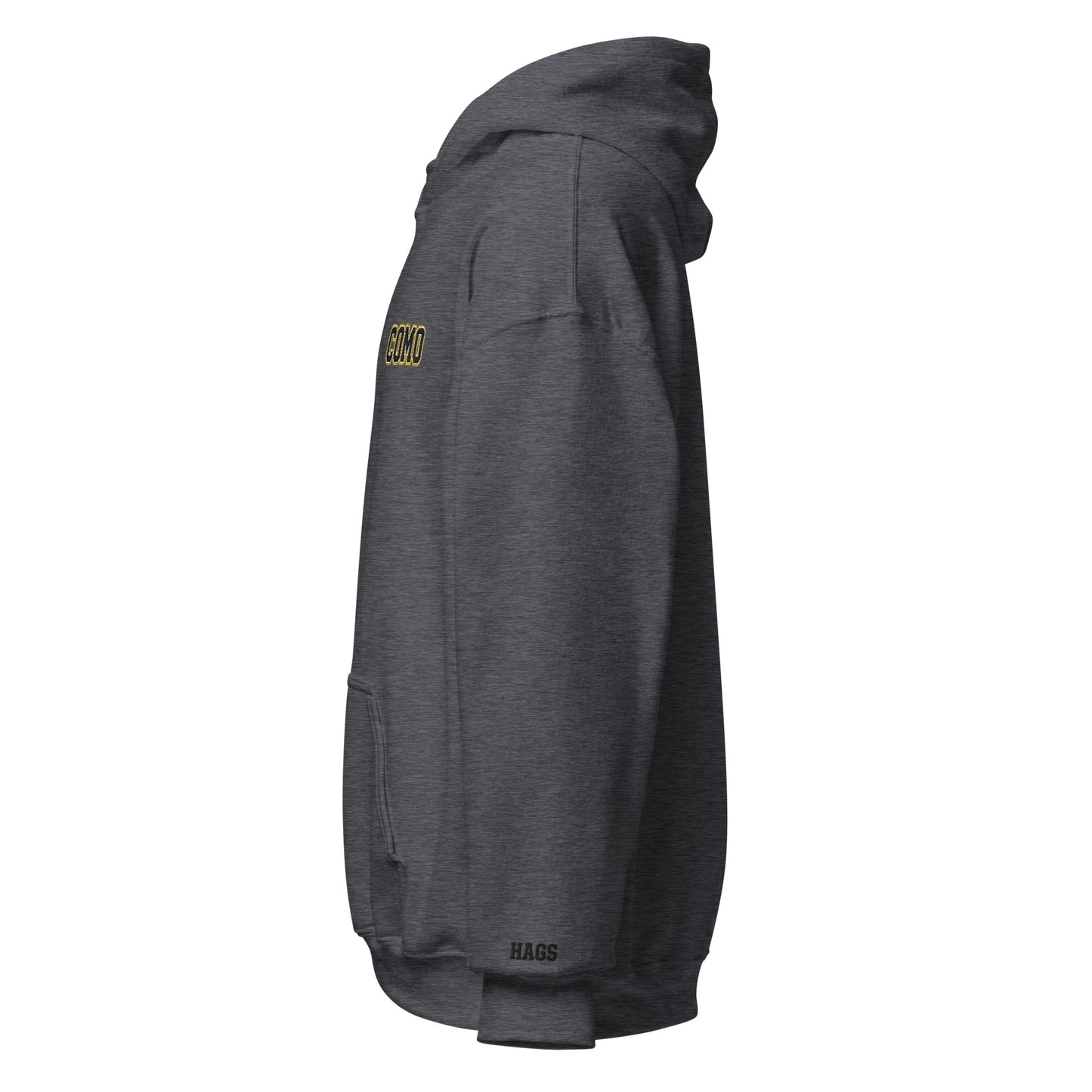 Left-side view of dark heather HAGS COMO small logo hoodie.