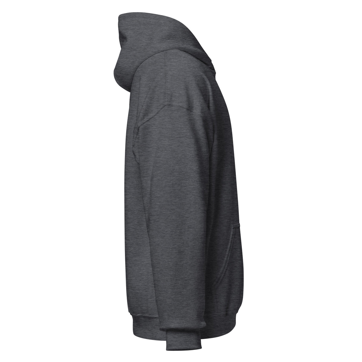 Right-side view of dark heather HAGS COMO small logo hoodie.