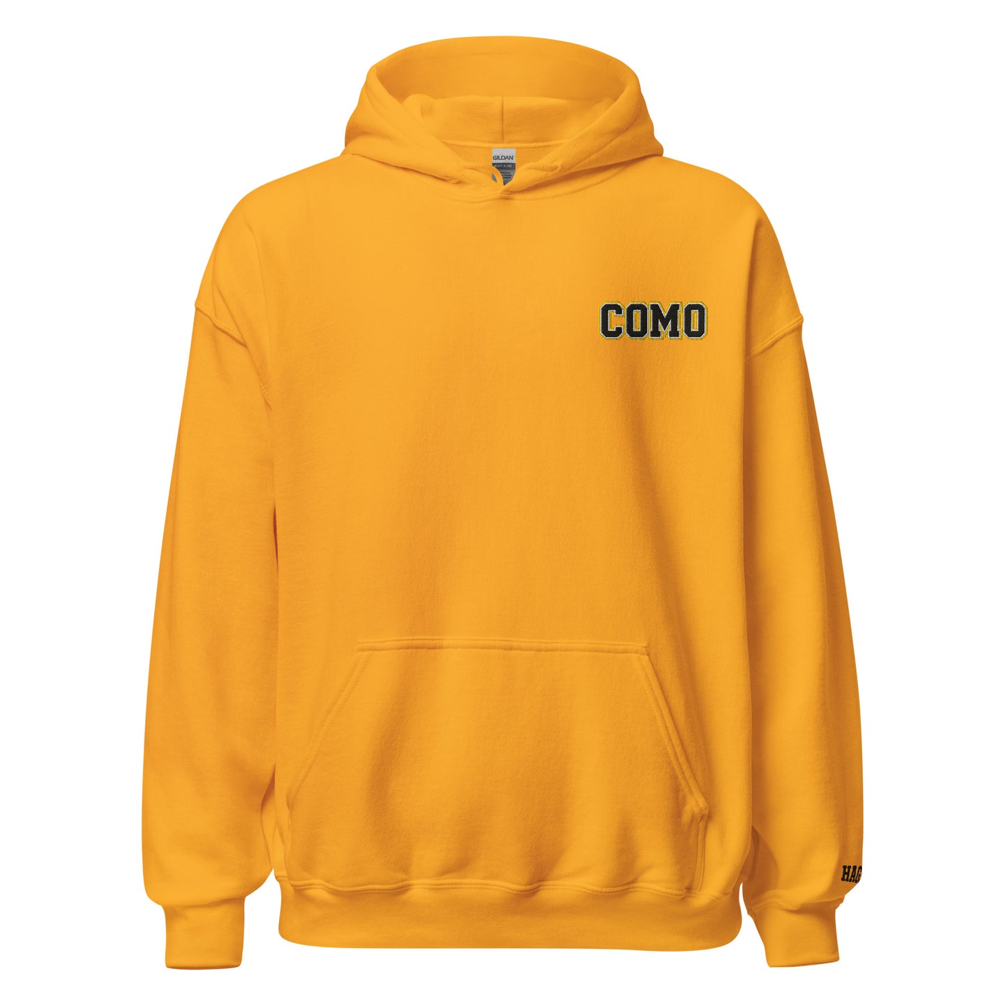 Front view of gold HAGS COMO small logo hoodie, showing small black and gold COMO chest embroidery.