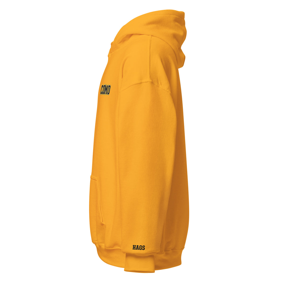 Left-side view of gold HAGS COMO small logo hoodie.