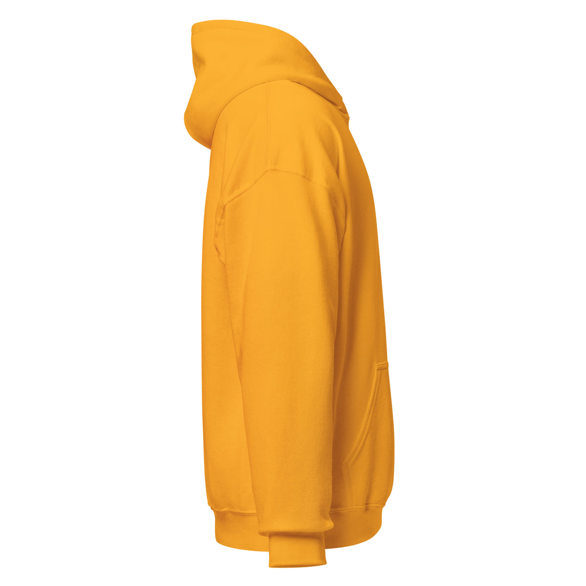 Right-side view of gold HAGS COMO small logo hoodie.