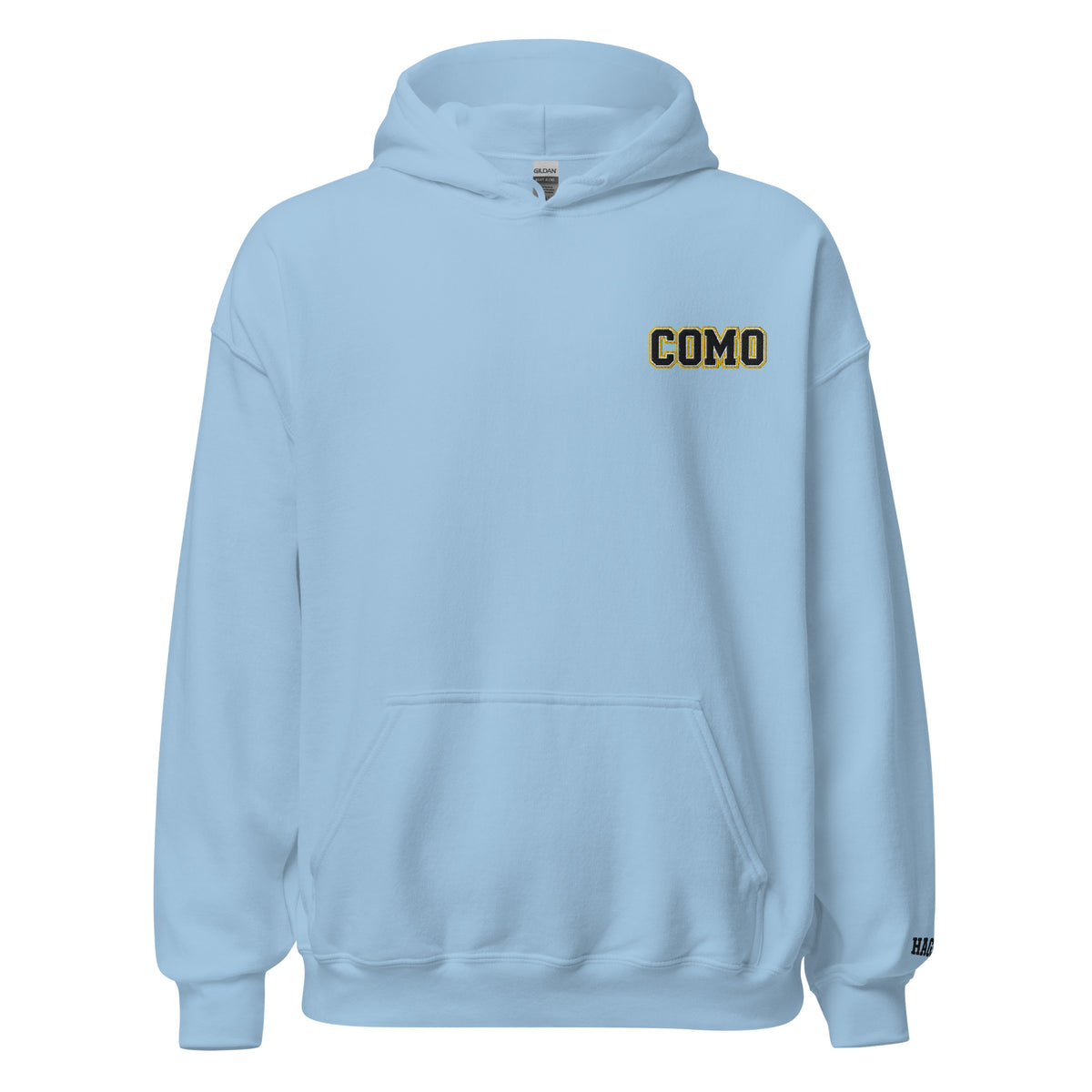 Front view of light blue HAGS COMO small logo hoodie, showing small black and gold COMO chest embroidery.