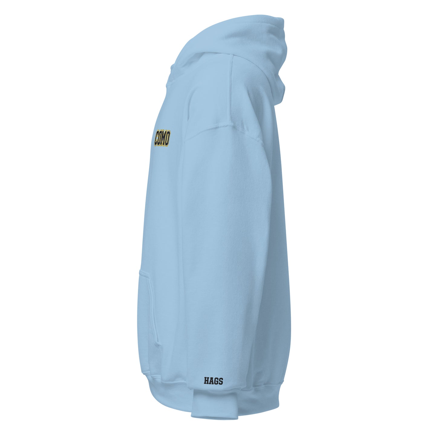Left-side view of light blue HAGS COMO small logo hoodie.