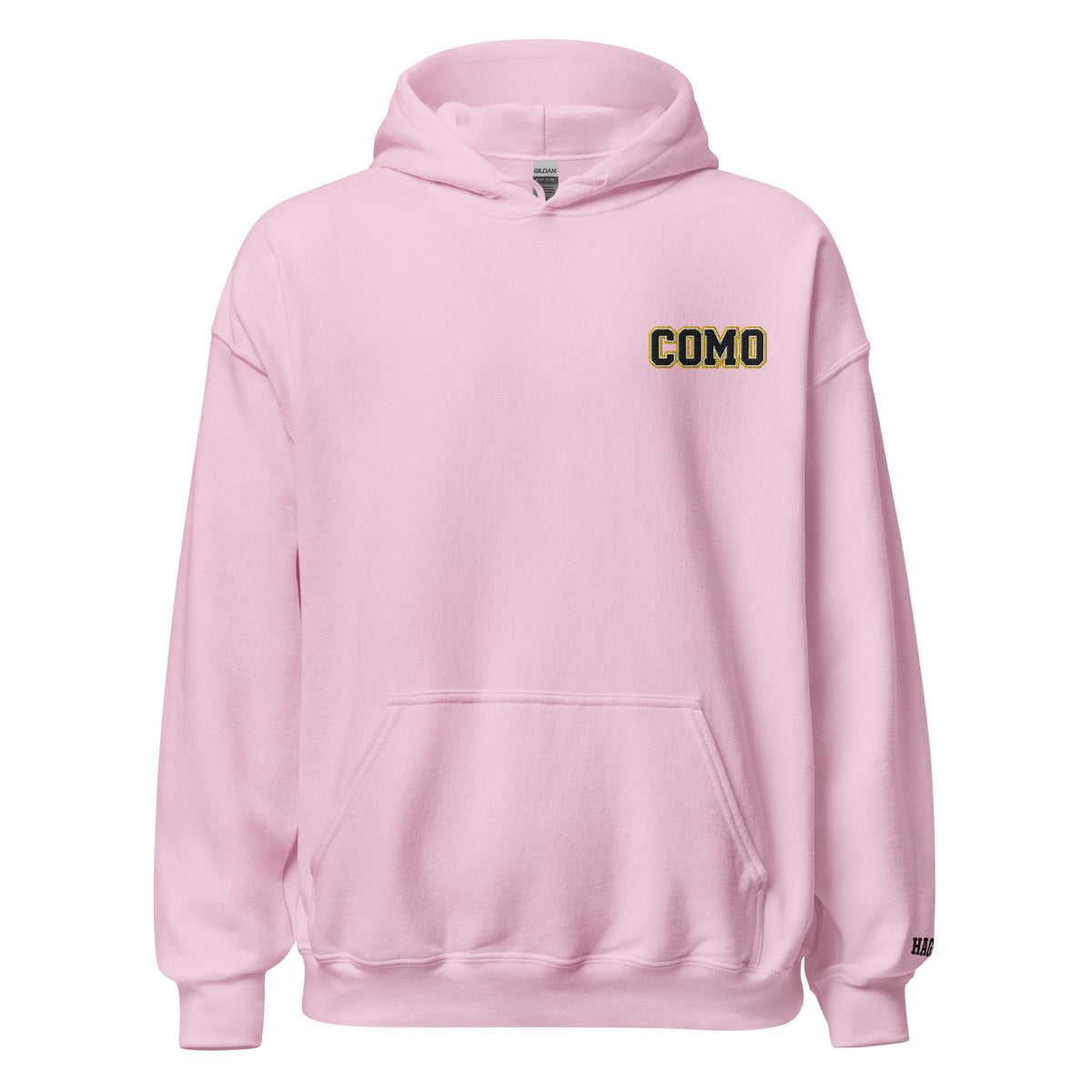 Front view of light pink HAGS COMO small logo hoodie, showing small black and gold COMO chest embroidery.