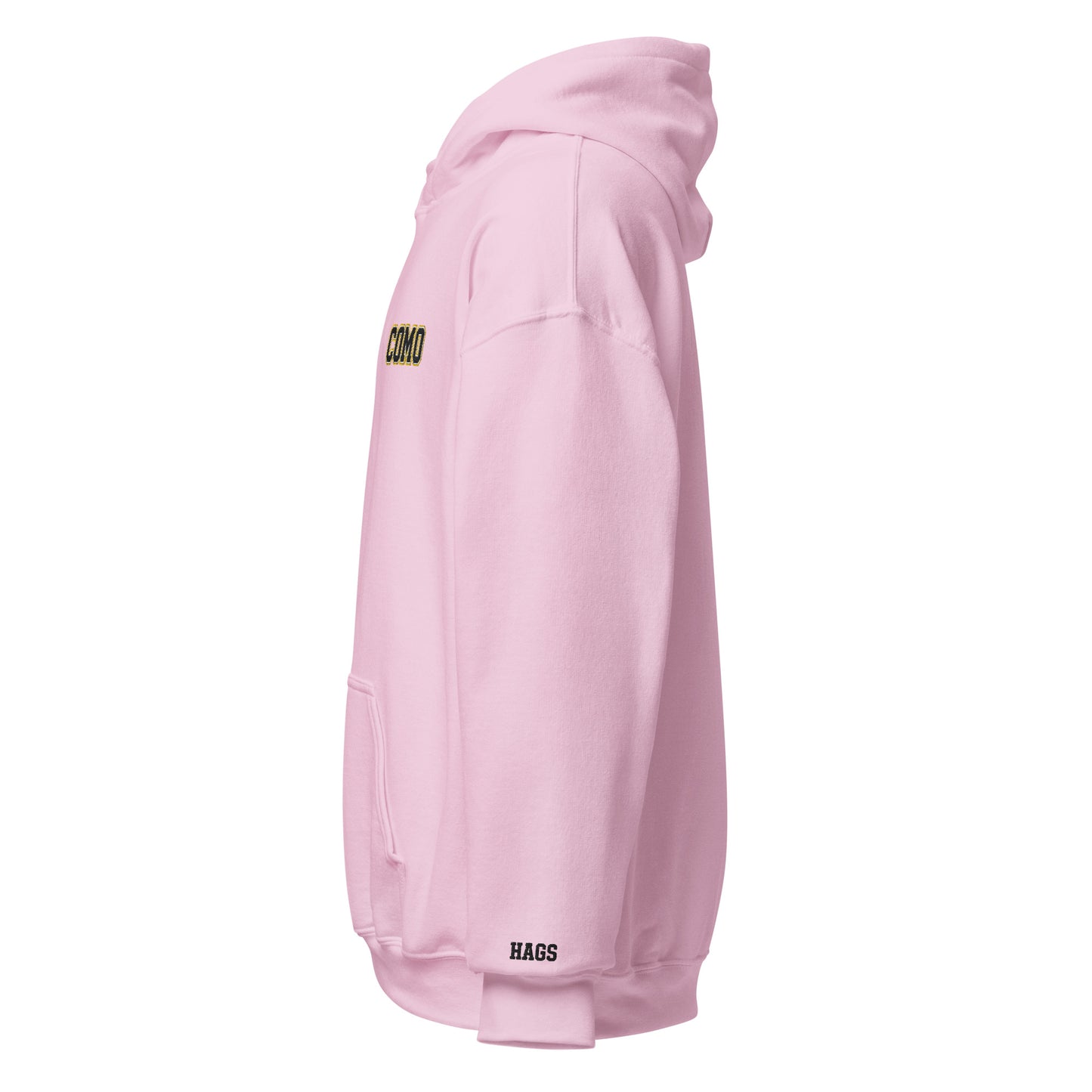 Left-side view of light pink HAGS COMO small logo hoodie.