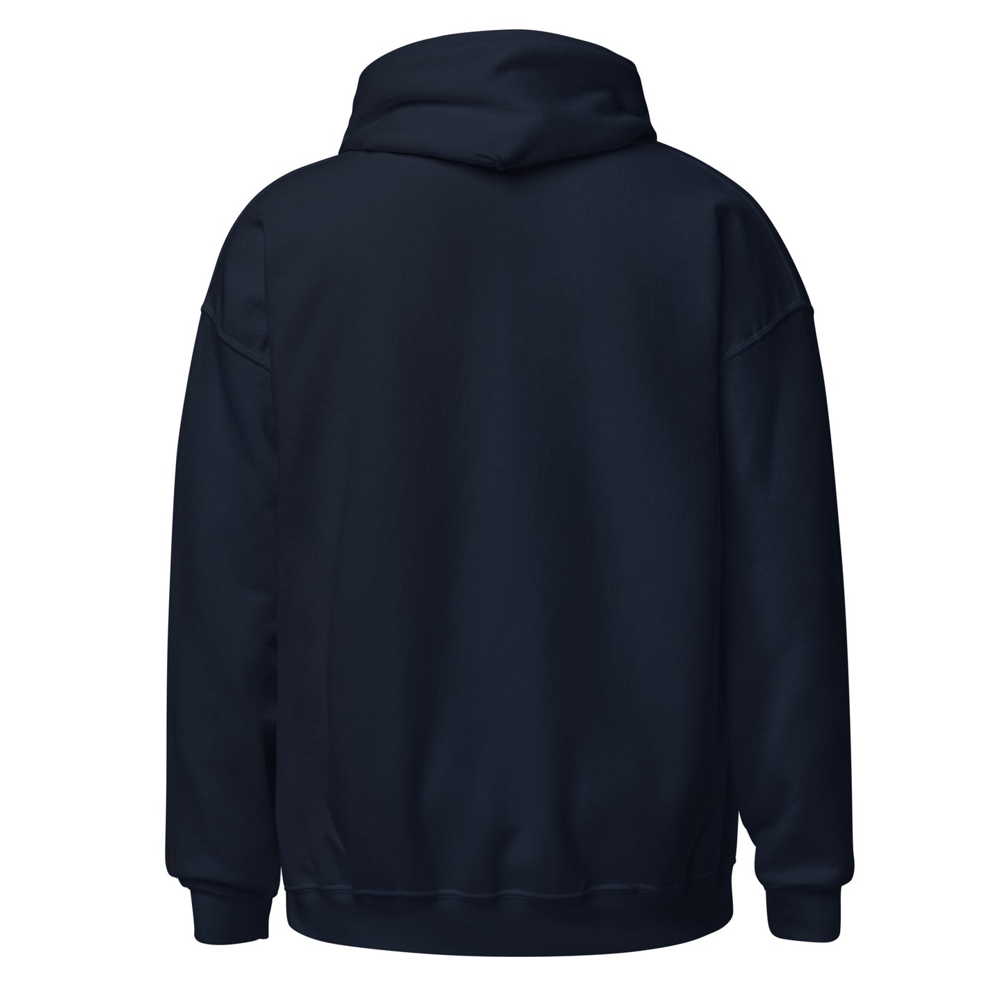 Back view of navy HAGS COMO small logo hoodie, showing plain back and hood.
